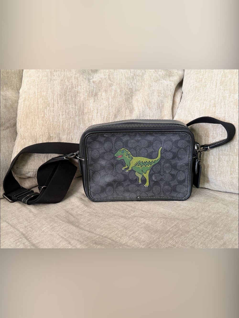 Coach Black Signature Crossbody with Green Dino Rexy